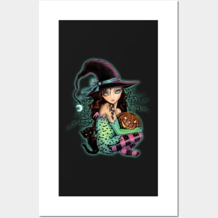 Halloween Hill Cute Witch Cat Pumpkin Posters and Art